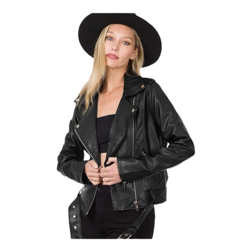 NWT Zenana Black Vegan Leather Belted Moto Jacket S-XL